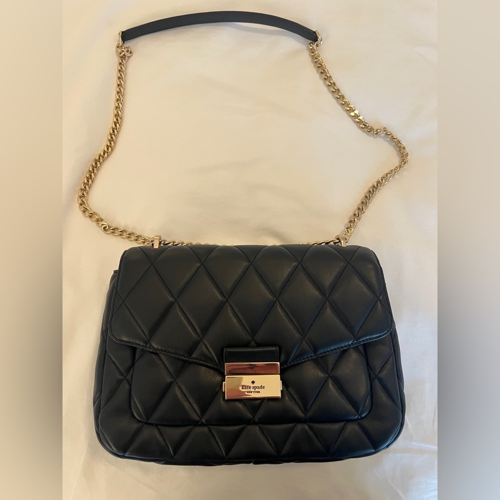 Kate Spade Black and Gold Quilted Carey Medium Flap Shoulder Bag
